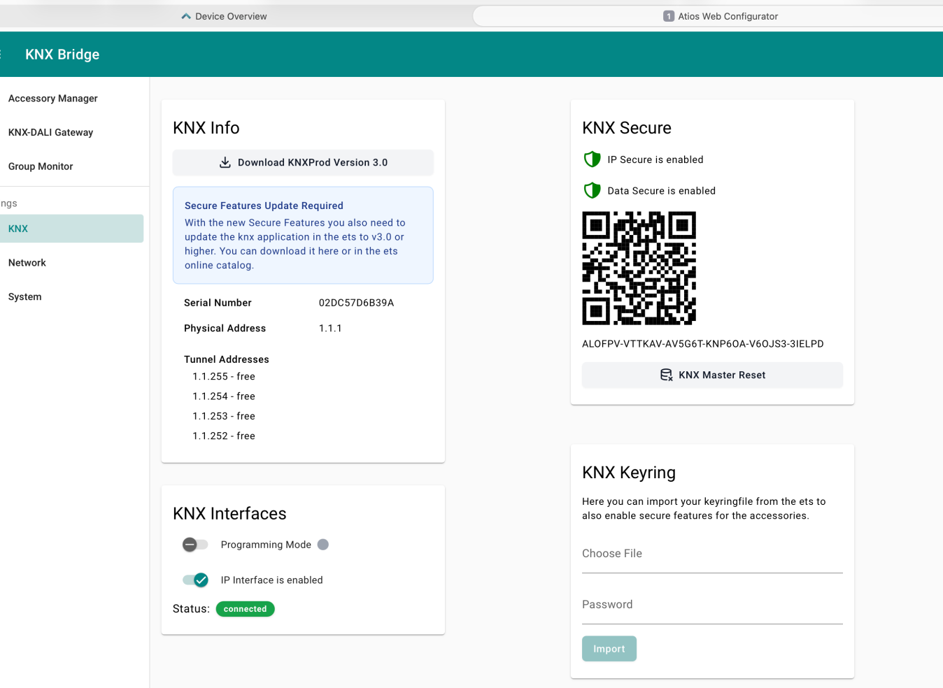 KNX Settings overview