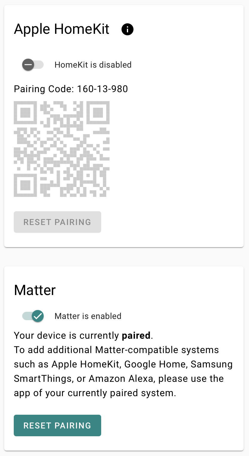 System Settings showing HomeKit and Matter panels