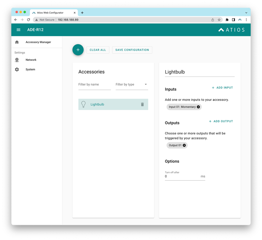 Accessory Manager setup screen showing lightbulb, switch, outlet, and valve configuration