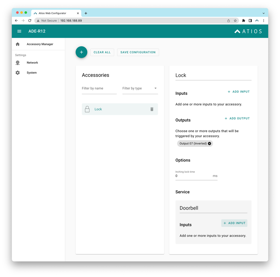 Lock accessory setup screen with relay and output configuration