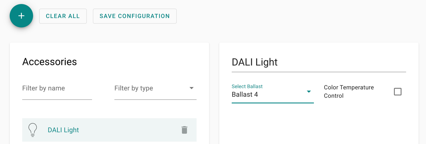 DALI light accessory setup screen with DALI address and power configuration