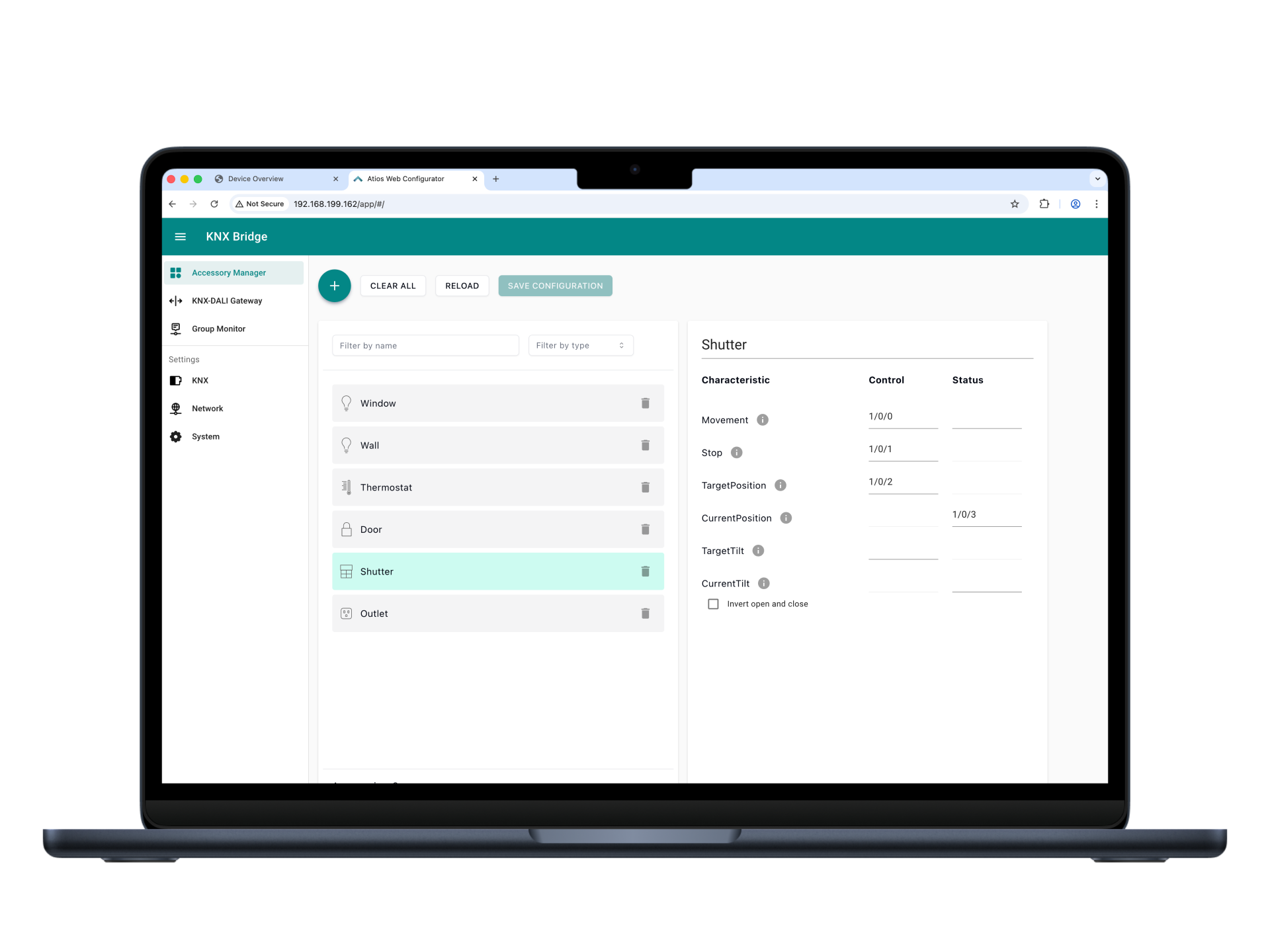KNX Bridge Web Interface overview showing the Accessory Manager